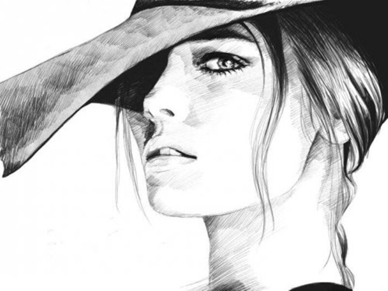 Woman in Wide-brimmed Hat — Black, Dramatic, Illustration