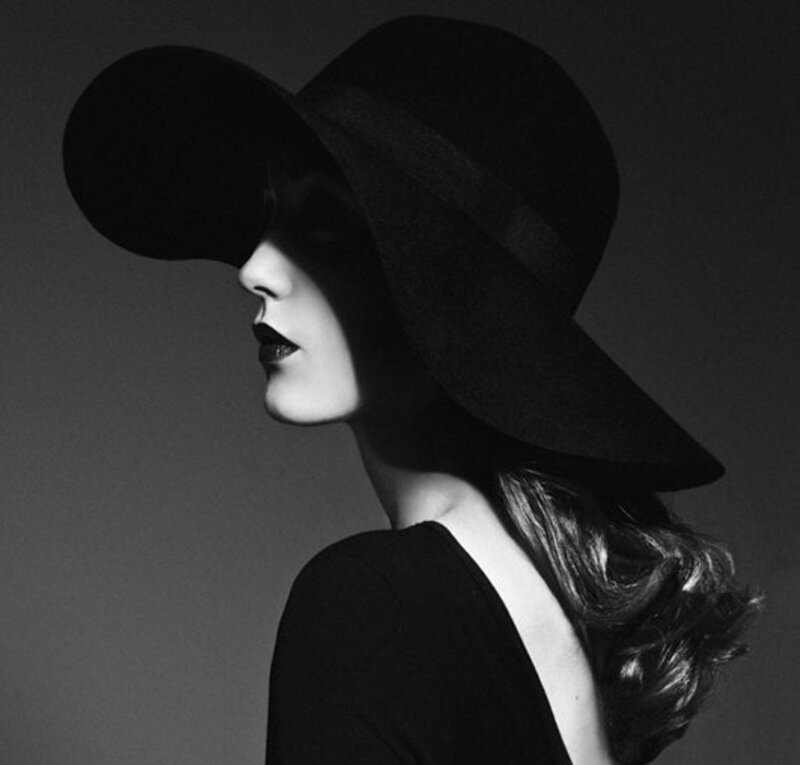 Woman in Wide-brimmed Hat — Black, Dramatic, Photograph, Lipstick