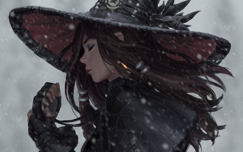 Woman in Wide-brimmed Hat — Black, Dramatic, Winter, Digital Art, Snow