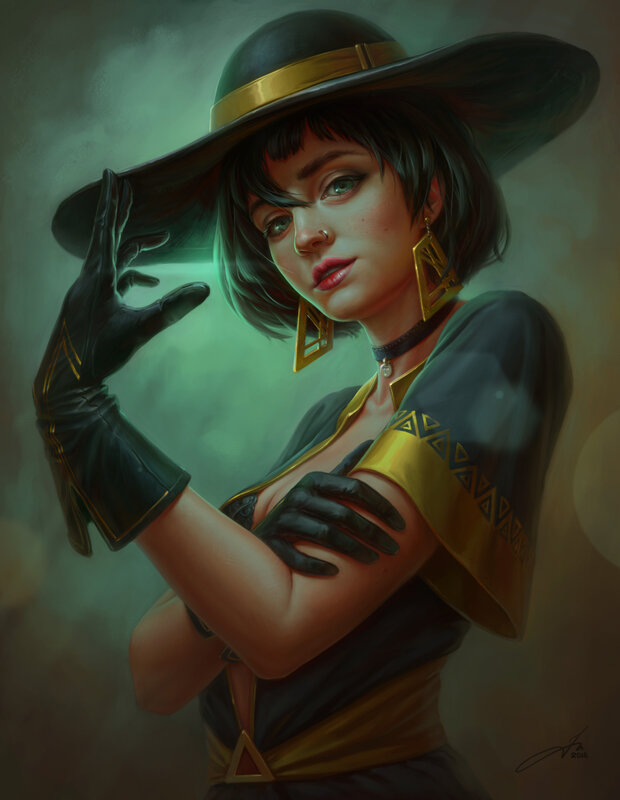Woman in Wide-brimmed Hat — Green, Dramatic