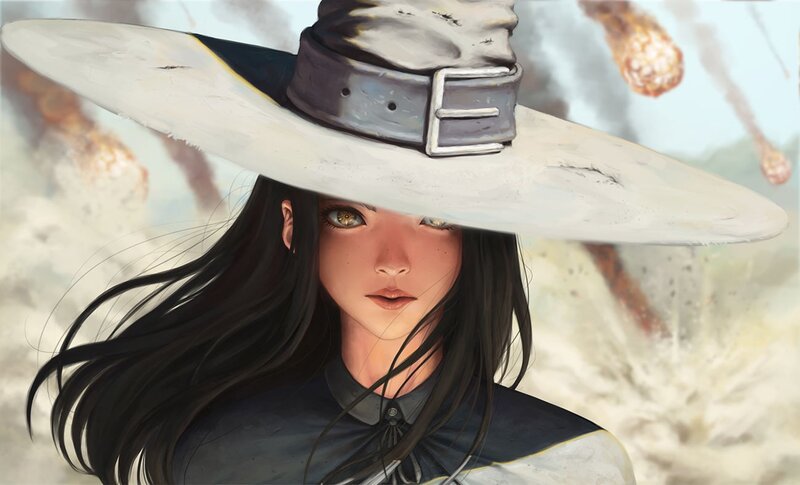 Woman in Wide-brimmed Hat — White, Dramatic, Digital Art, Long Hair