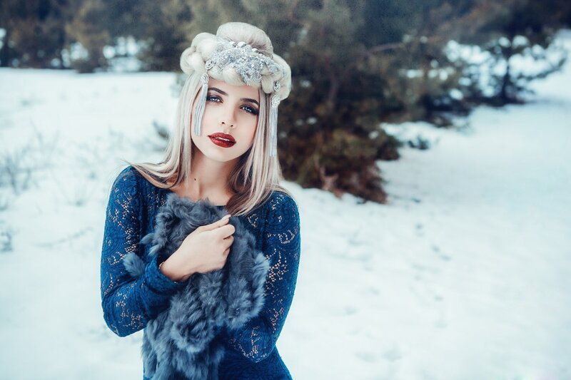 Woman in Winter Attire — Blue, Dramatic, Photograph