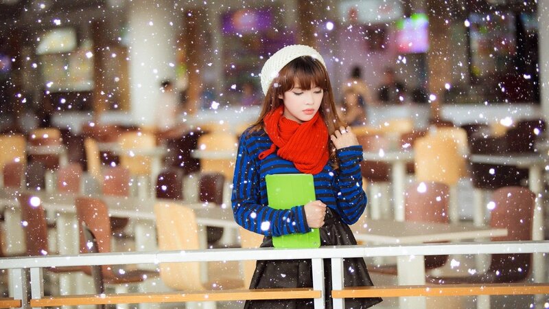 Woman in Winter Clothes — Blue, Calm, Photograph