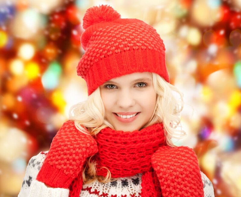 Woman in Winter Clothes — Red, Festive, Photograph