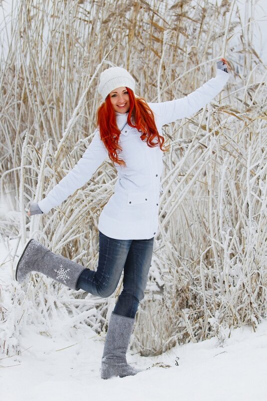 Woman in Winter Clothes — White, Playful