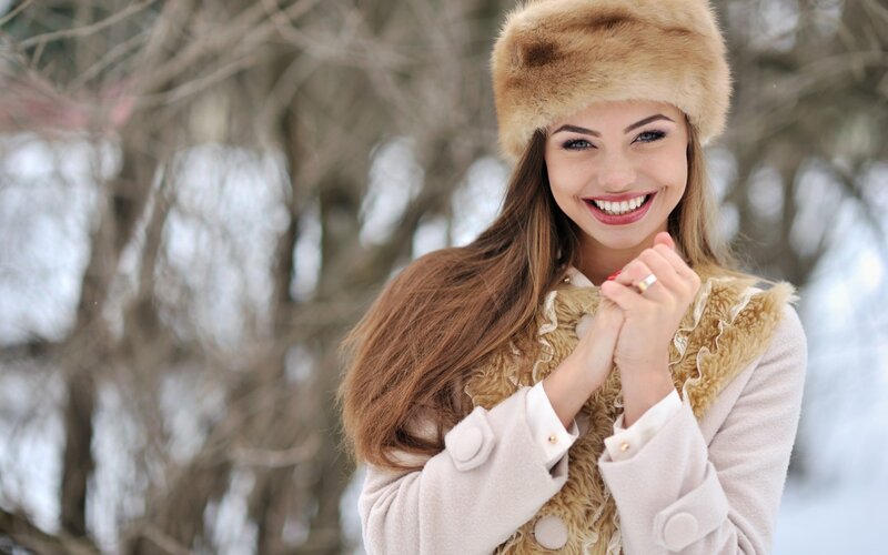 Woman in Winter Coat — Beige, Happy