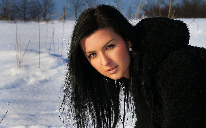 Woman in Winter Coat — Black, Cold, Photograph, Snow, Trees, White, Blue