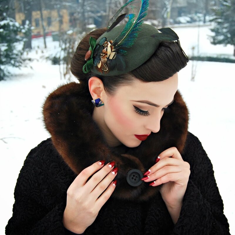 Woman in Winter Coat — Black, Dramatic, Photograph, Feather Hat