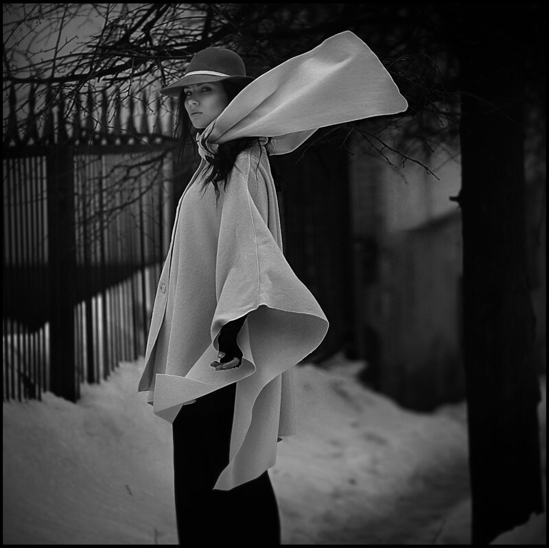 Woman in Winter Coat — Black, Dramatic, Photograph, Hat