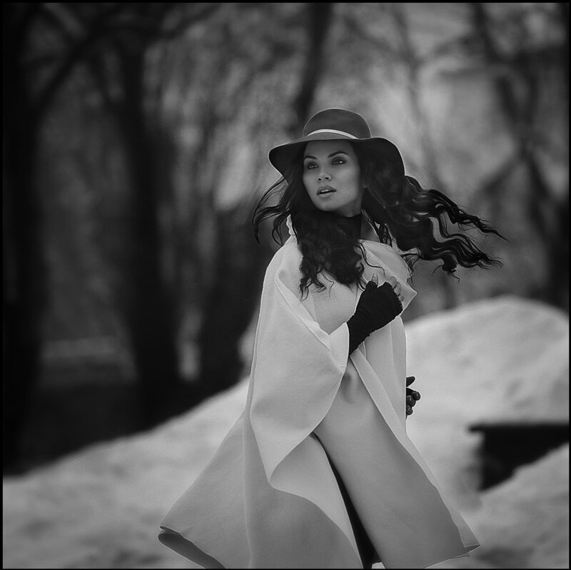 Woman in Winter Coat — Black, Dramatic, Photograph, Hat, Trees