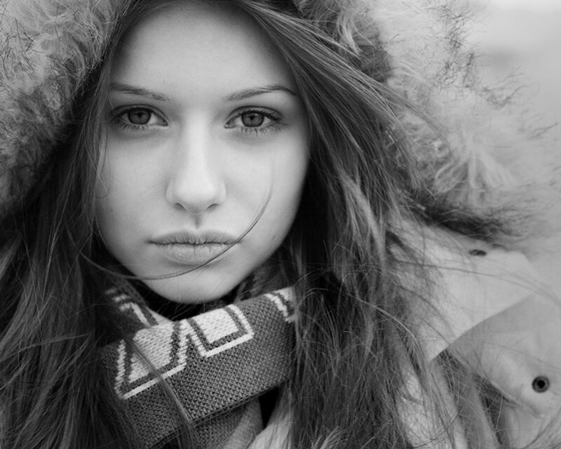 Woman in Winter Coat — Black, Serious, Photograph, Scarf