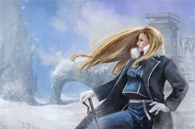 Woman in Winter Coat — Blue, Dramatic, Digital Art, Sword