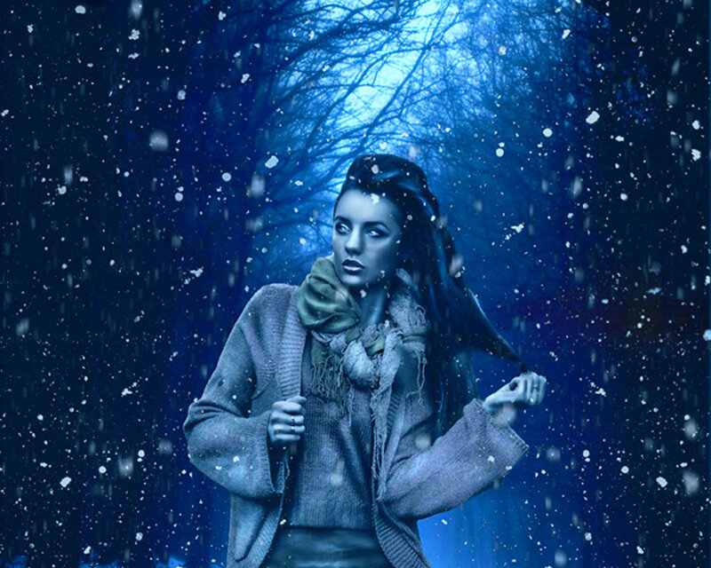 Woman in Winter Coat — Blue, Dramatic, Night
