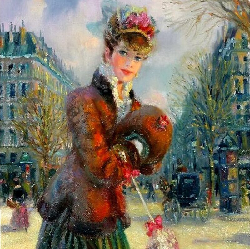 Woman in Winter Coat — Brown, Calm, Painting