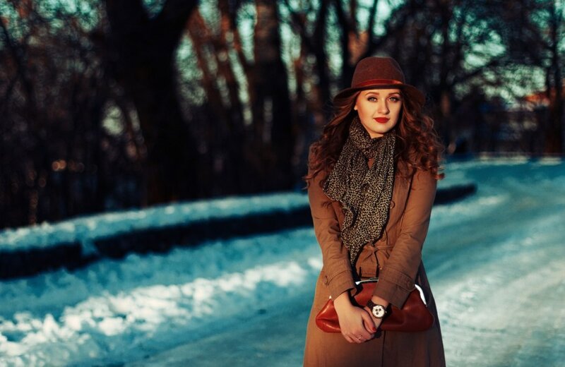Woman in Winter Coat — Brown, Dramatic, Photograph