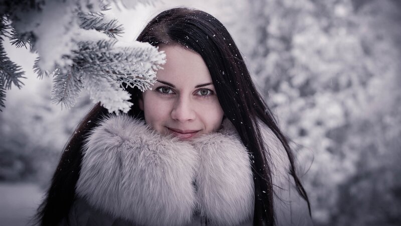 Woman in Winter Coat — White, Cold, Photograph, Snow, Pine Branch