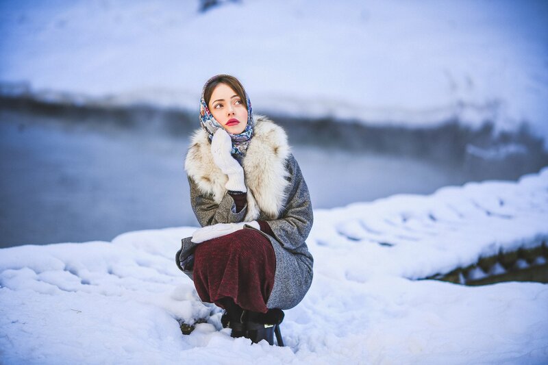 Woman in Winter Coat — White, Cold, Photograph, Snow, Scarf