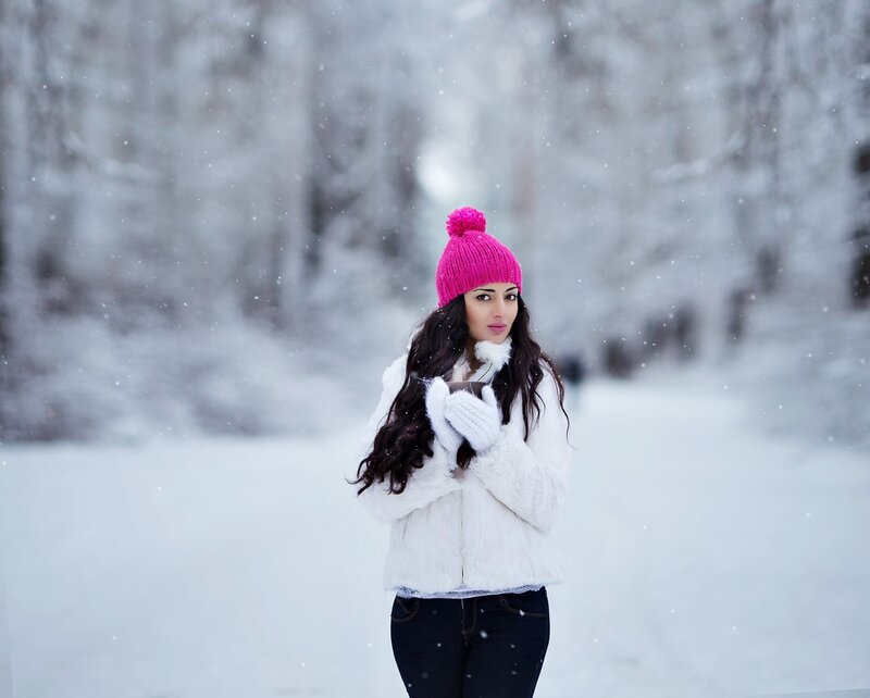 Woman in Winter Coat — White, Cold, Photograph, Snow, Trees, Hat