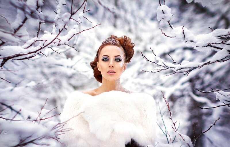 Woman in Winter Coat — White, Dramatic, Photograph, Snow, Branches