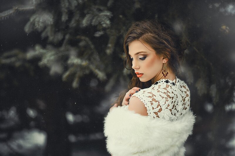 Woman in Winter Coat — White, Dramatic, Photograph, Snow, Trees