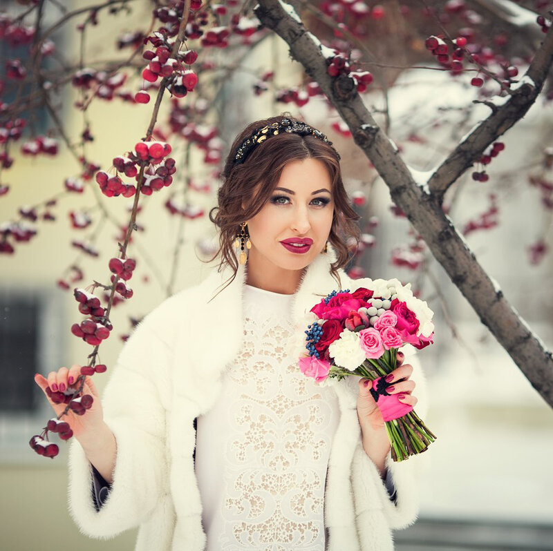 Woman in Winter Coat — White, Festive, Photograph