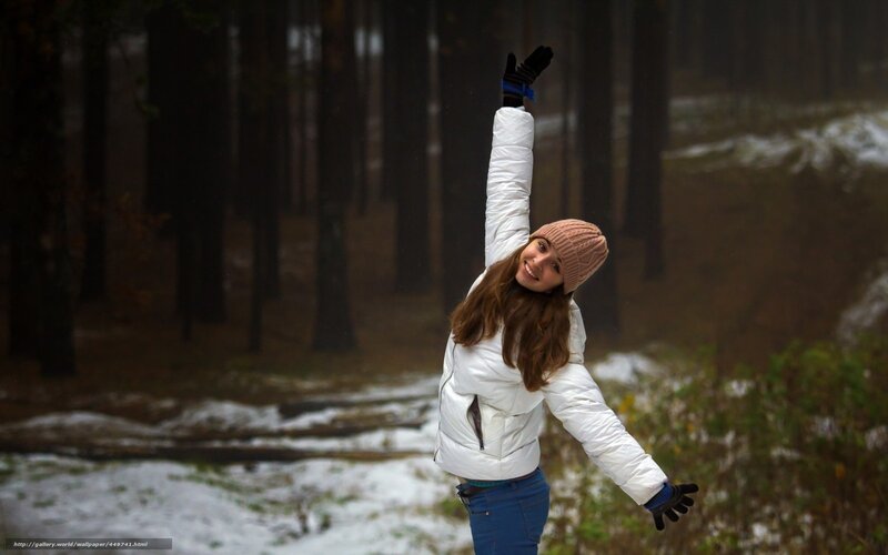 Woman in Winter Coat — White, Playful, Photograph, Forest