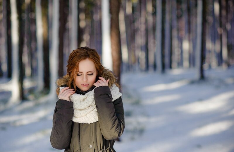 Woman in Winter Coat — White, Serene, Photograph, Scarf