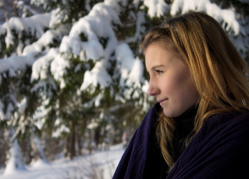 Woman in Winter Coat — White, Serene, Photograph, Snow
