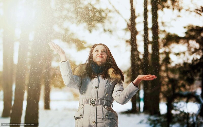Woman in Winter Coat — White, Serene, Photograph, Snow, Trees, Sunlight