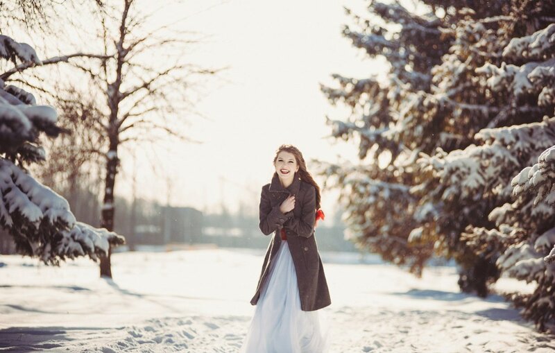 Woman in Winter Coat — White, Serene, Photograph, Snow, Trees