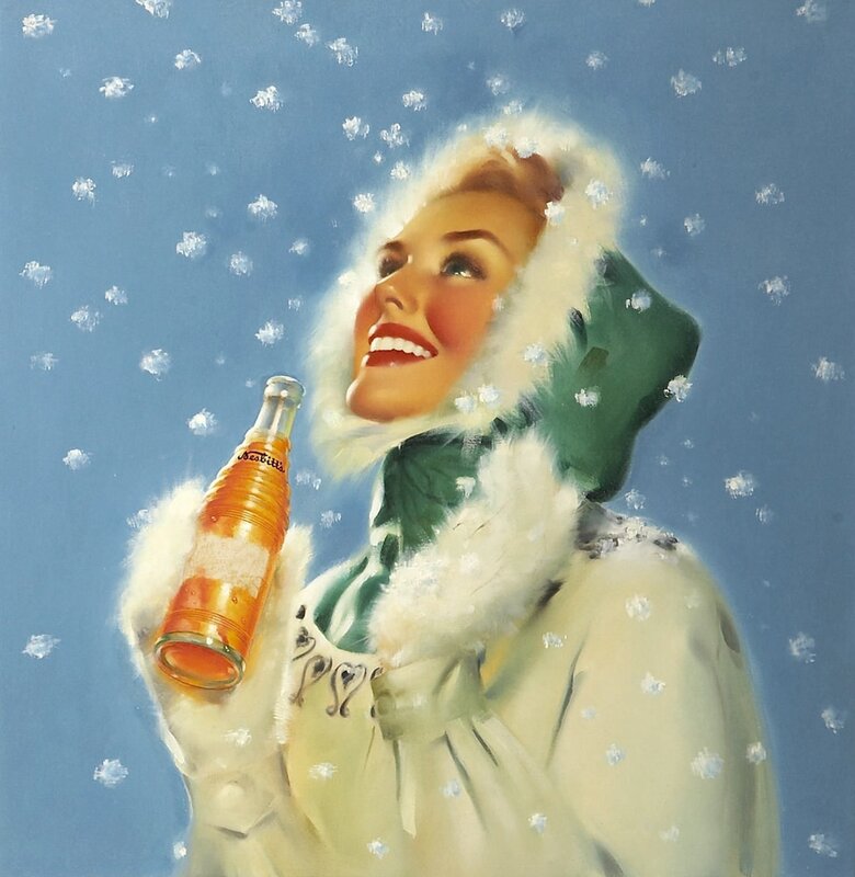 Woman in winter coat with soda