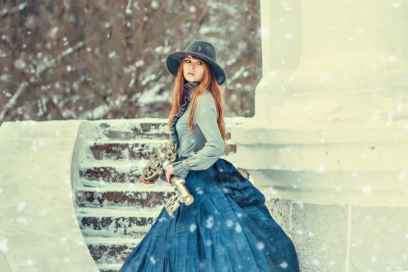 Woman in Winter Dress — Blue, Dramatic, Photograph, Hat