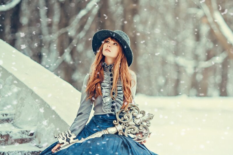 Woman in Winter Dress — Blue, Serene, Photograph
