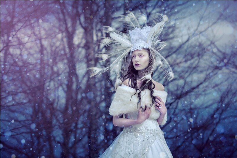 Woman in Winter Dress — White, Dramatic, Photograph, Feather Hat