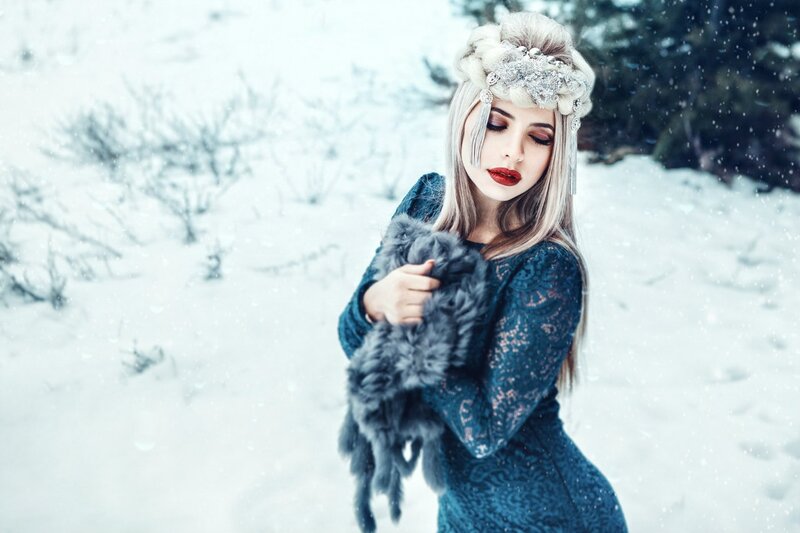 Woman in Winter Dress — White, Dramatic, Photograph, Snow