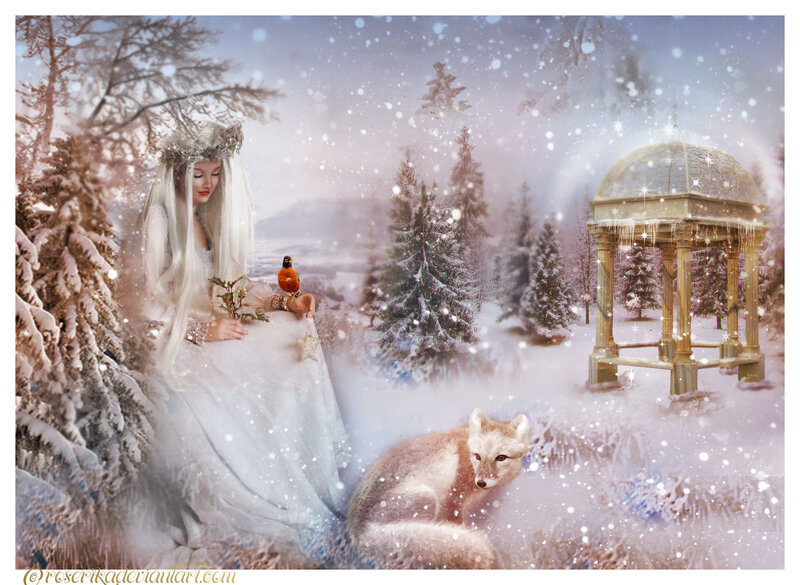 Woman in Winter Dress — White, Serene, Digital Art, Bird