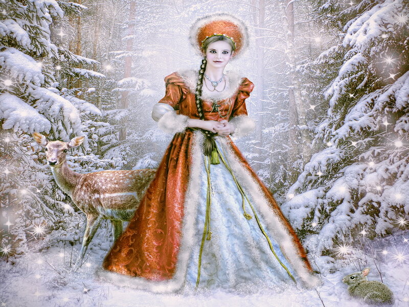 Woman in Winter Dress — White, Serene, Digital Art, Deer, Rabbit