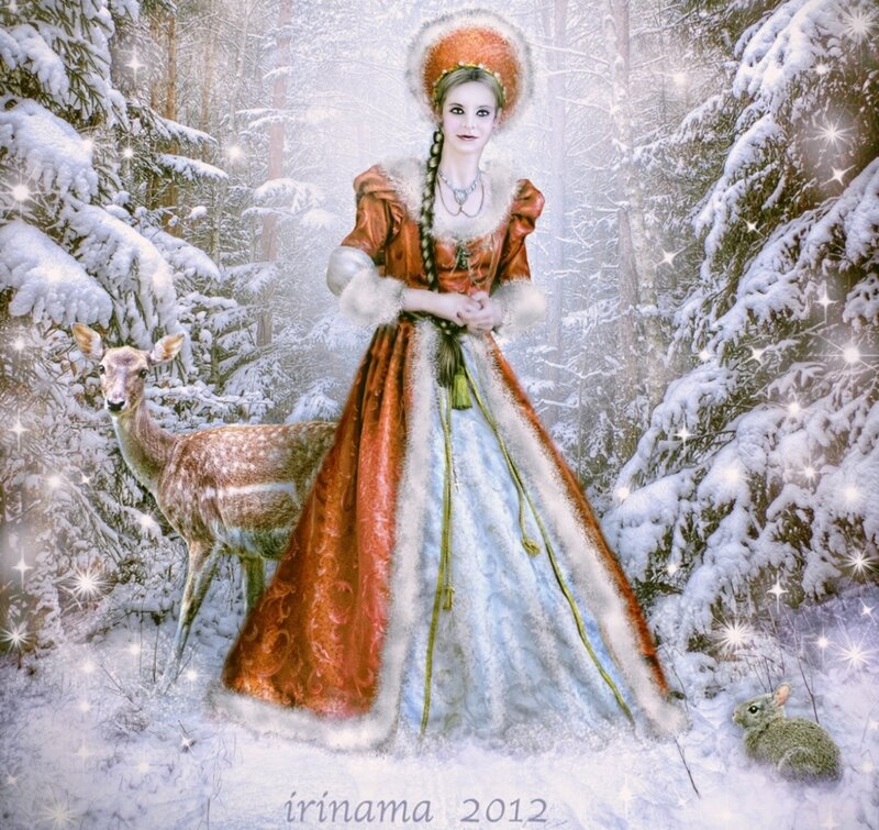 Woman in Winter Dress — White, Serene, Digital Art, Deer