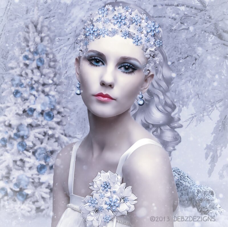 Woman in Winter Dress — White, Serene, Digital Art, Snowflakes