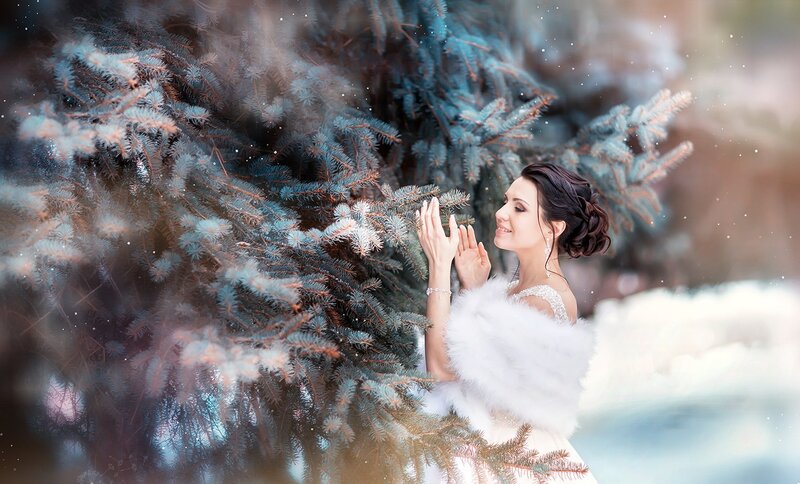 Woman in Winter Dress — White, Serene, Photograph, Pine Tree