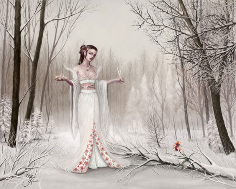 Woman in winter forest