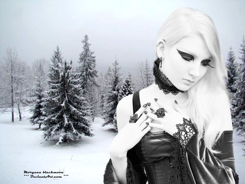 Woman in Winter Forest — Black, Dramatic, Digital Art