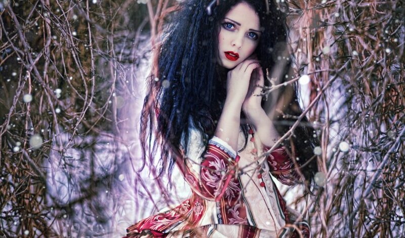 Woman in Winter Forest — Black, Dramatic, Photograph, Snow
