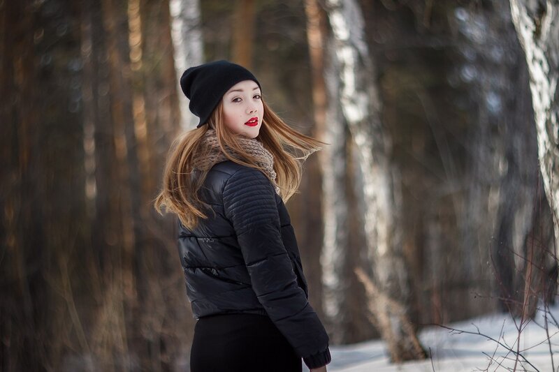 Woman in Winter Forest — Black, Serene