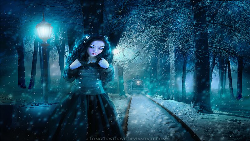 Woman in Winter Forest — Blue, Mysterious, Night
