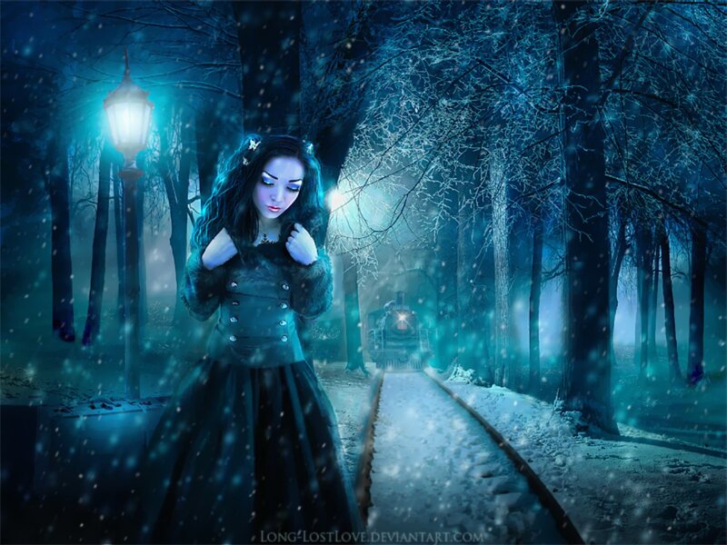 Woman in Winter Forest — Blue, Mysterious