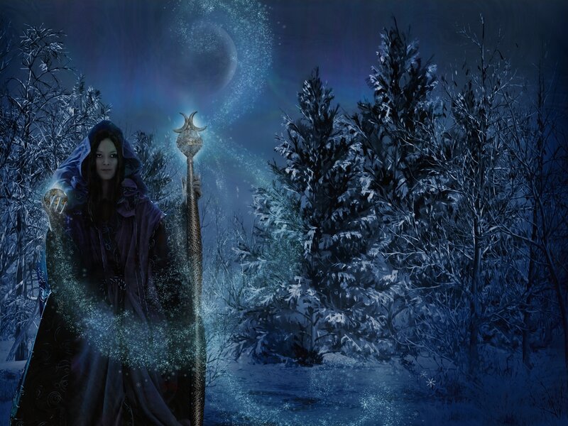 Woman in Winter Forest — Blue, Mystical, Night