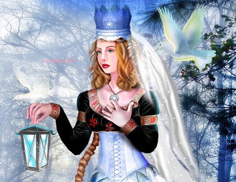 Woman in Winter Forest — Blue, Serene, Digital Art, Dove