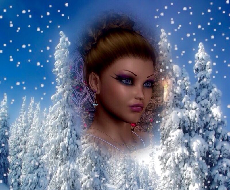Woman in Winter Forest — Blue, Serene, Digital Art, Snowy Trees