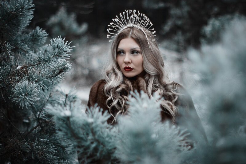 Woman in Winter Forest — Brown, Dramatic